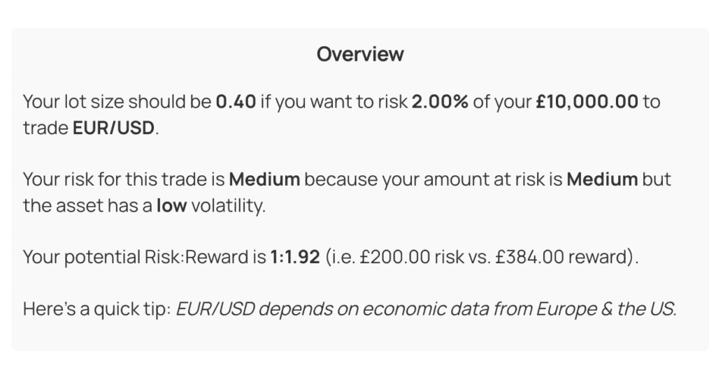 Trade Summary Overview from Lot Size Calculator