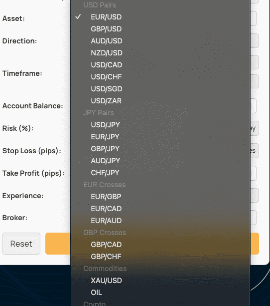Selecting Currencies to trade on Lot Size Calculator