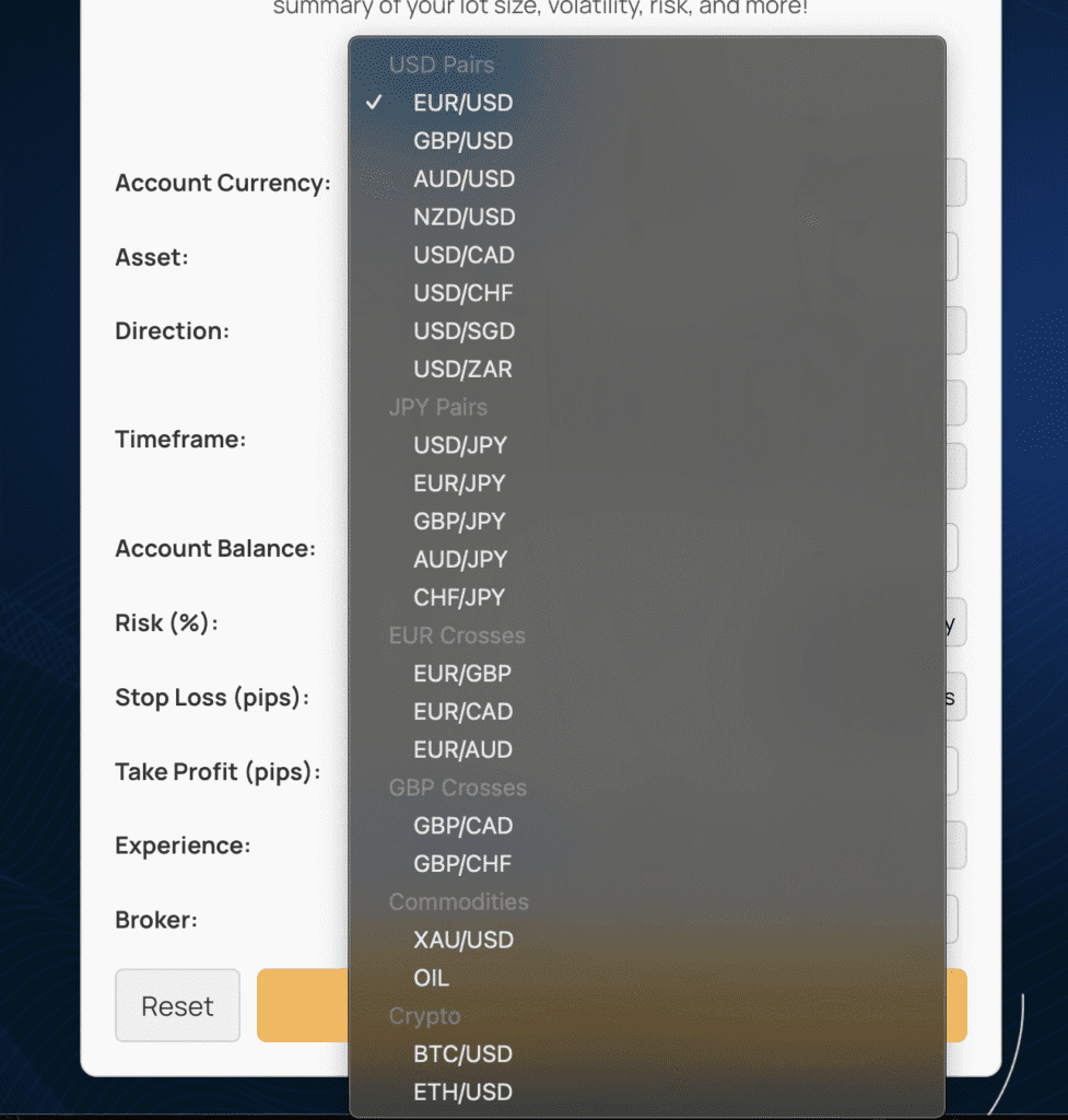 Currency and commodity selector on Lot Size Calculator with Gold 